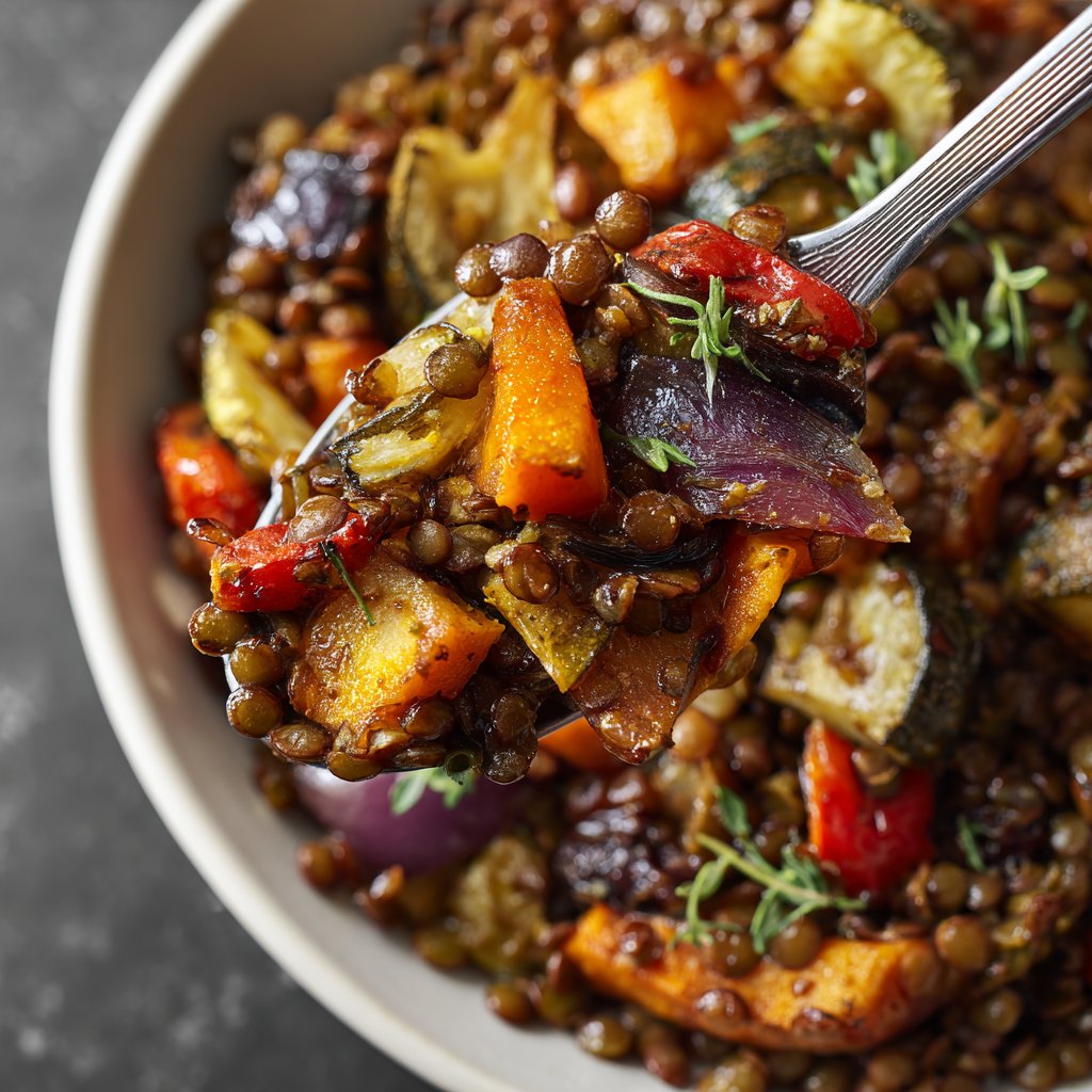 Mittagessen mit Linsen und Ofengemüse